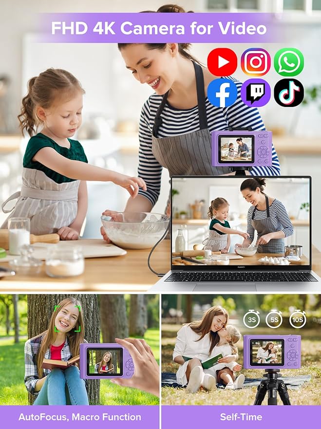 Digital Camera, Kids Camera1080P, Vlog Camera with 64GB Card, 16X Zoom Anti Shake, Card Reader, 44MP Compact Portable Small Point Shoot Digicam Gift for Kid Student Children Teen Girl Boy(Pruple)
