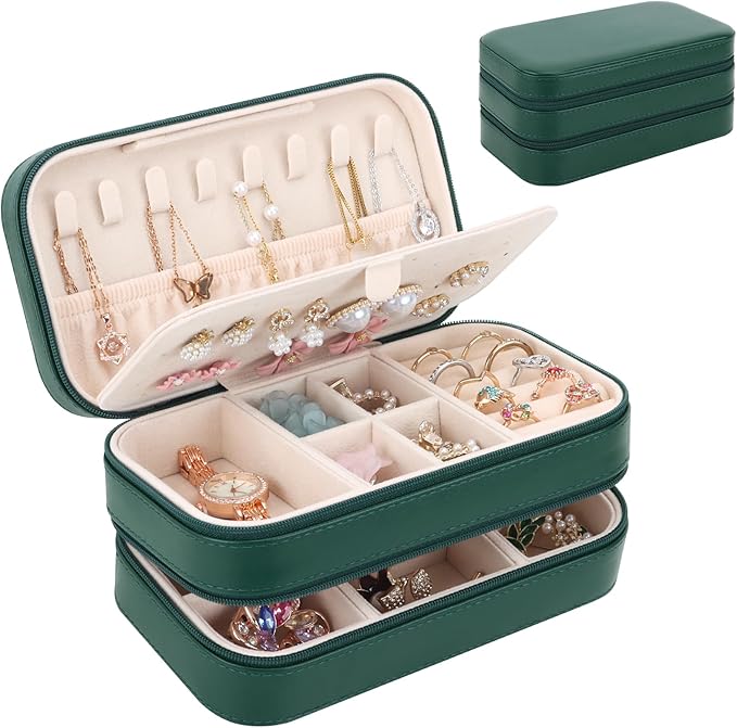 DesignSter Small Travel Jewelry Box with Double Zipper, 2 Layers PU Portable Jewelry Case for Women and Girls,Travel Jewelry Organizer for Rings, Earrings, Necklaces, Bracelets,Dark green