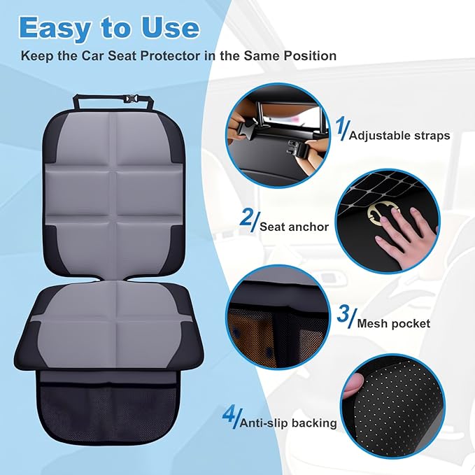 Car Seat Protector 2 Pack Baby Car Seat Covers with Mesh Pockets & Non-Slip Backing 600D Durable Seat Protector Under Baby Car Seat (Gray, Standard)