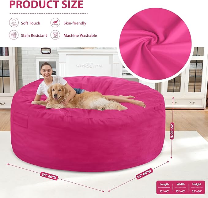 6FT Bean Bag Chair, Large Bean Bag Chairs with Memory Foam Filled, Fluffy Beanbag Sofa with Dutch Velvet Cover, Round BeanBag Chairs for Living Room, Playroom - Pink
