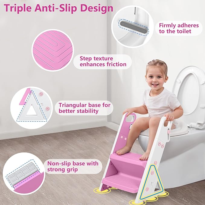 Easy Storage Potty Training Seat with Ladder, Adjustable Step and Toilet Seat Height, Easy-Grip Handles for Climbing, Foldable Portable Toddler Toilet Trainer, Perfect for Small Bathrooms