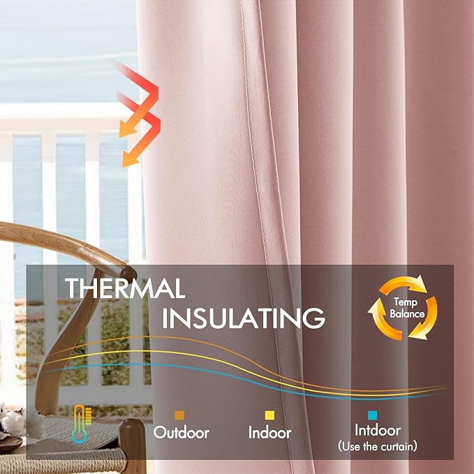 ANRODUO Light Pink Blackout Curtains for Girls Bedroom Living Room, Back Tab Rod Pocket Pinch Pleated Thermal Insulated Room Darkening Curtains 102 Inches Long 2 Panels, 52 x 102 Inch