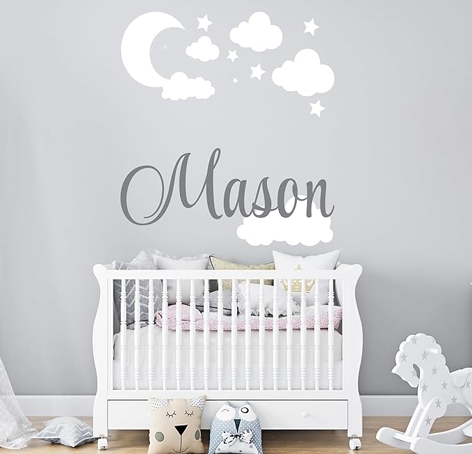 Custom Name with Moon Clouds and Stars - Nursery Baby Name Wall Art - Wall Decal for Nursery Bedroom playroom Decoration (Wide 20x20inch Height)