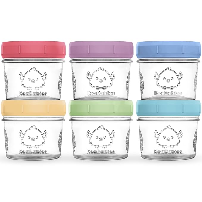 KeaBabies 6pk 4oz Glass Baby Food Containers with Lids - Leak-Proof, Microwavable Small Glass Jars, Baby Purees & Toddler Snack Storage Containers, BPA-Free, Dishwasher & Freezer Safe (Nord)