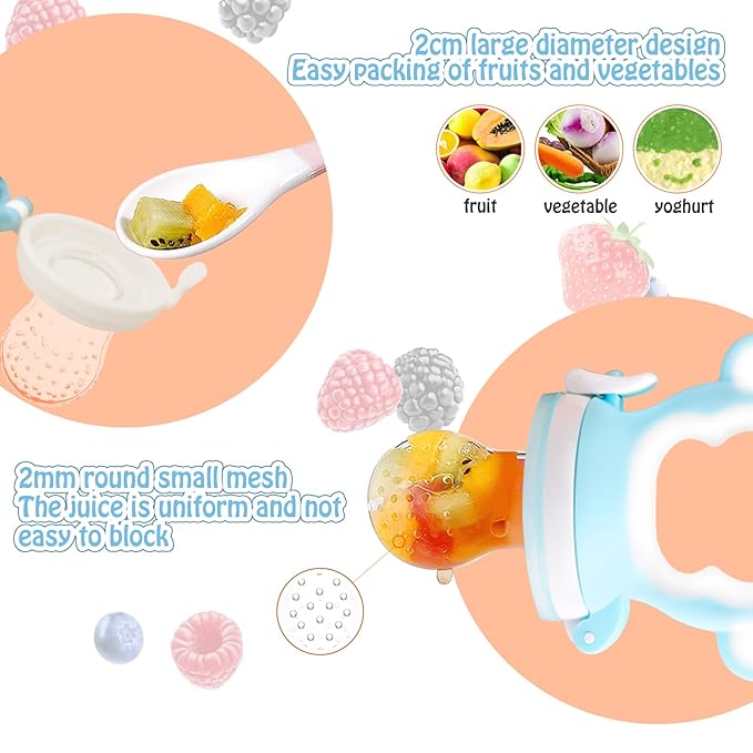 Baby Fruit Food Feeder - Silicone Nibble Tray Combo - Breastmilk Popsicle Mold for Cooling Relief, BPA Free Mesh Feeder for Infant Self Feeding (Monkey Blue + Pineapple)