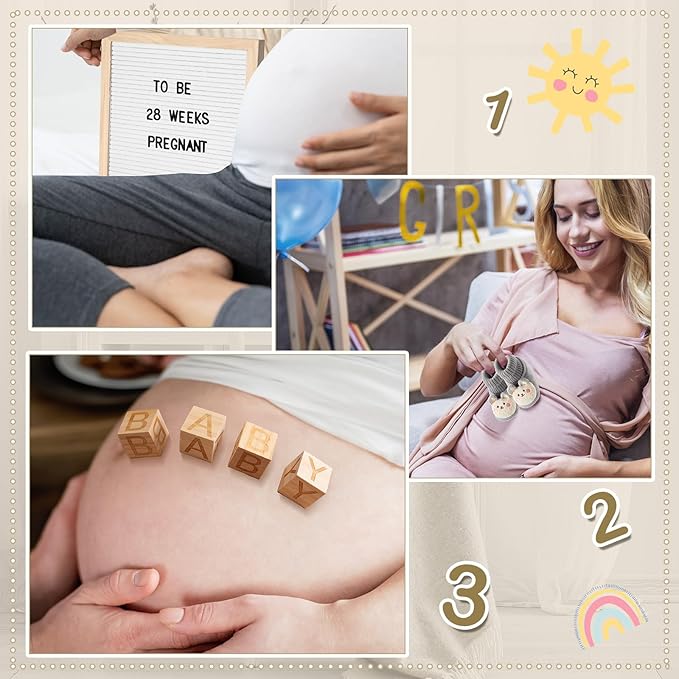 9 Pcs Pregnancy Announcement Set Pregnancy Reveal Ideas Felt Letter Board Baby Bodysuit Baby Booties Photo Frame Bear Plush Baby Wood Blocks for Coming Soon Baby Announcement (White,Bright)