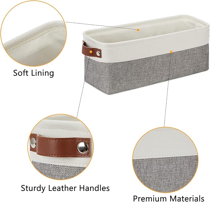 DULLEMELO Small Storage Baskets 15"x6"x5.5", Fabric Storage Bins for Toilet Tank Top [2 Pack], Back of The Toilet Basket (White&Grey)