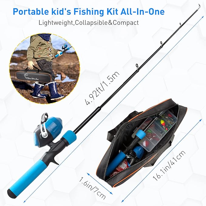 Kids Fishing Pole Kit, 59'' Telescopic Rod and Reel Beginner Combo with Spincast Reel,Tackle Box, Carrier Bag,Fishing Gear for Boys,Girls, Toddler,Youth