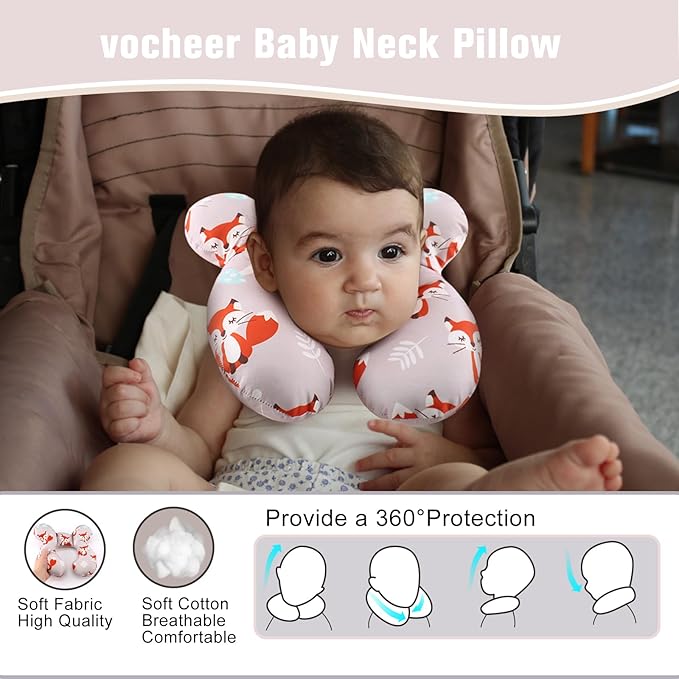 vocheer Baby Travel Pillow(Upgraded), Head and Neck Support Pillow for Pushchair, Car Seat,Stroller, Bouncer, Cotton, Orange Fox