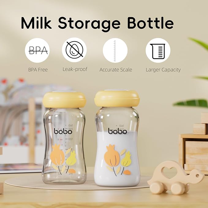YOHKOH Breast Milk Storage Bottles - Wide Neck Glass Breastmilk Storage Bottles with Lids, BPA-Free (Yellow, 5.4oz (Pack of 6))