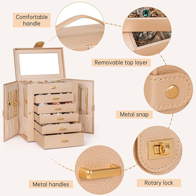 AKOZLIN 6-Tier Jewelry Box Organizer Functional 5 Drawers Leather Jewelry Storage Case for Women Girls Ring Necklace Earring Bracelet Holder Organizer with Mirror Champagne