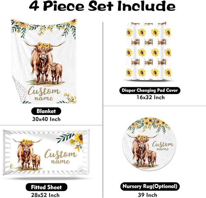 Custom Nursery Crib Bedding Set: Personalized Name 4 Piece Yellow Highland Cattle Design Baby Crib Sets for Girls - Toddler Double Layer Blanket Set, Comfortable Crib Bed Sheets for Baby Toddlers