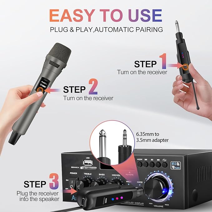 Aveek 2.4GHz Wireless Microphone System, Rechargeable Mics and Receiver, Plug & Play for Karaoke Machine, Party Speakers, Home Entertainment, Wedding & Events - Crystal Clear Sound, 100ft Range