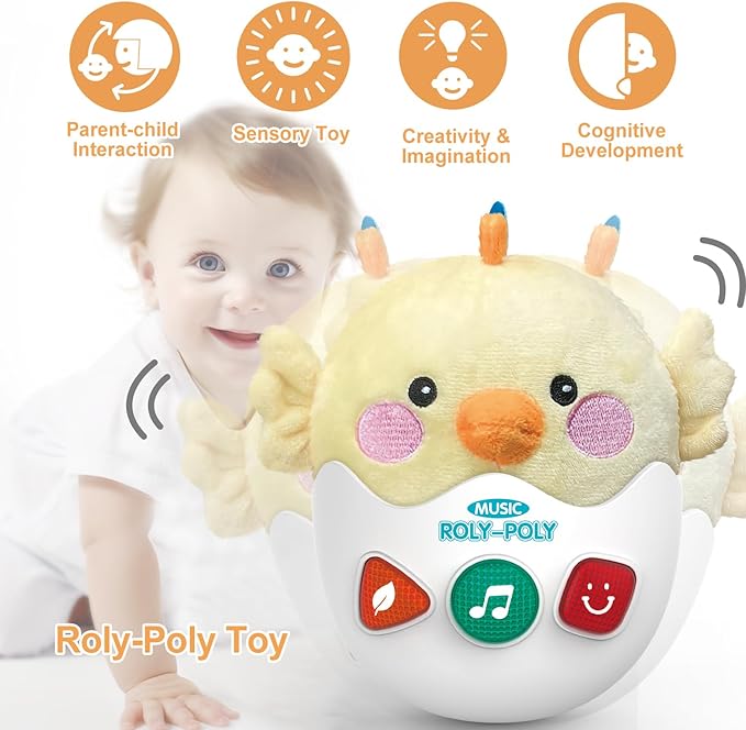 Baby Toys 0-6-12 Months, Chick Musical Plush Cute Stuffed Animal Infant Tummy Toys with Light & Sounds, Roly-Poly Sensory Toy Birthday Easter Egg Gift for Newborn Boys & Girls