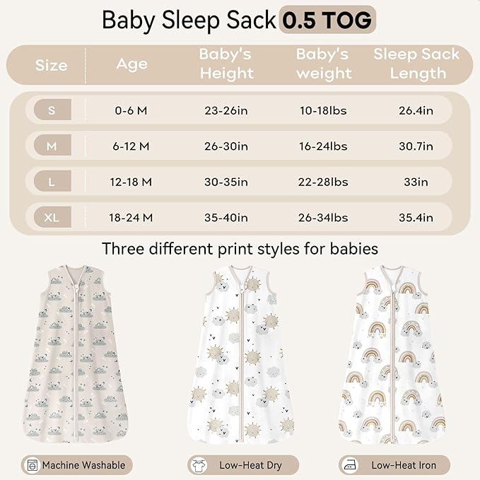 Baby Sleep Sack 6-12 Months 0.5 Tog Wearable Blanket Baby, 3 Pack 100% Cotton Lightweight Sleeping Sack with 2-Way Zipper for Newborn Infant Apricot White Sun Clouds