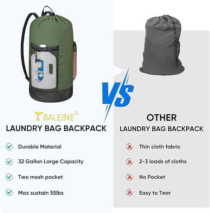 BALEINE 150L Laundry Bag Backpack, 900D Oxford Fabric Large Travel Laundry Bags with Shoulder Straps and 2 Mesh Pockets for College Dorm, Apartment, Laundromat (Green, 150L)