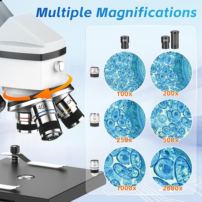 40X-2000X Monocular Microscope for Adults & Kids - Wozel Compound Microscopes for Kids with Dual LED Lights - Professional Biological Microscope with Phone Adapter Slide Set for School Home Education