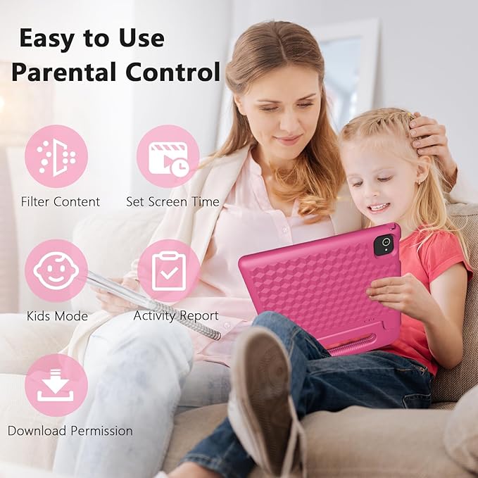 Kids Tablet 8GB+64GB, 10 Inch Android 14 Tablet for Kids 6000mAh with Case, WiFi 6, Bth 5.2, Dual Camera, GPS Pre-Installed Parental Controls, Kids Space & Family Link Great Gift for Toddler Children