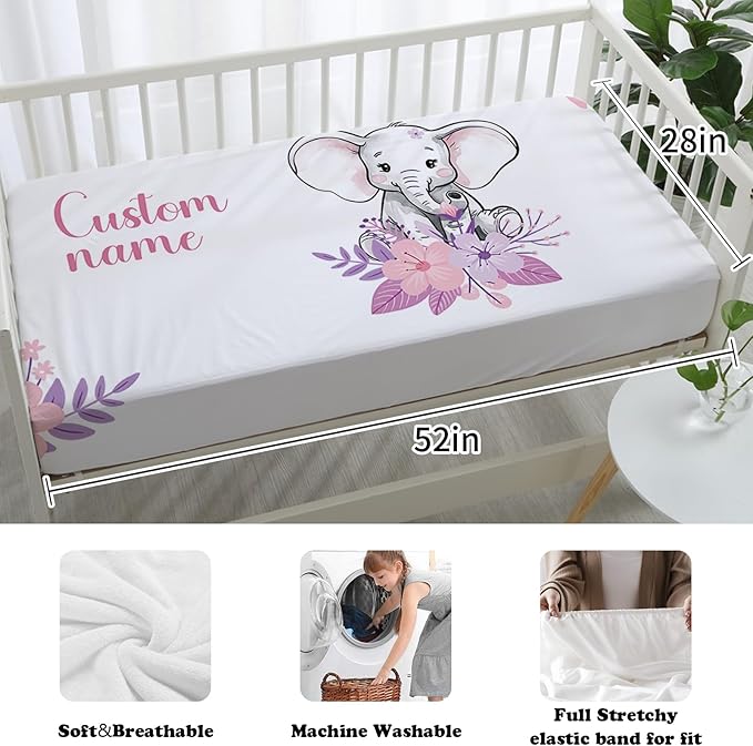 Custom Nursery Crib Bedding Set: Personalized Name 4 Piece Purple Flower Elephant Design Baby Crib Sets for Girls - Toddler Double Layer Blanket Set, Comfortable Crib Bed Sheets for Baby Toddlers