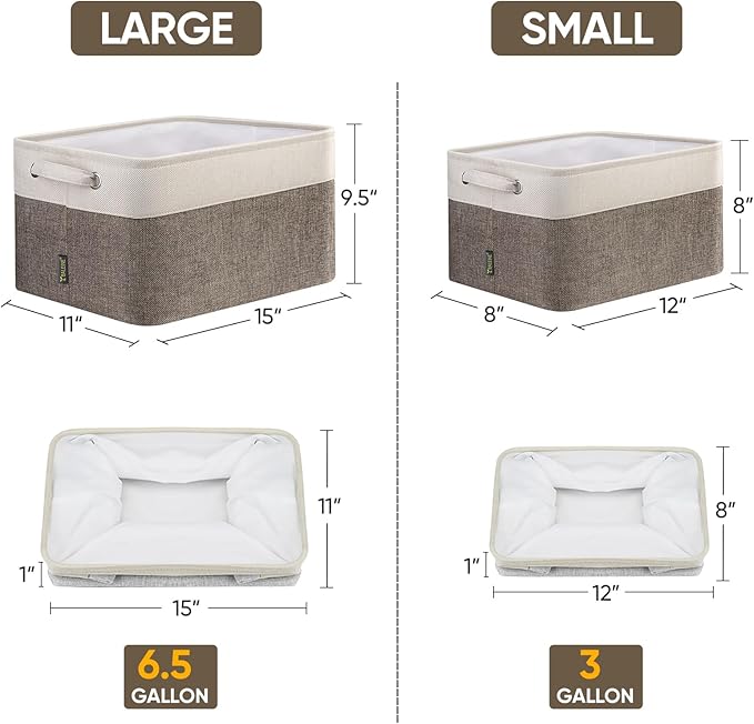 BALEINE 3 Pack Fabric Storage Bins for Shelves, Linen Storage Baskets for Organizing, Decorative Closet Bins for Clothes, Home (Brown, 12"x8"x8")