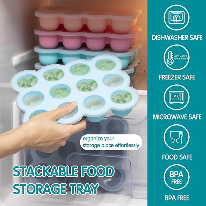 Baby Food Storage 12 x 1.5OZ Silicone Freezer Tray with Lid, Food Grade Silicone Containers for Purees & Vegetables Teal Blue