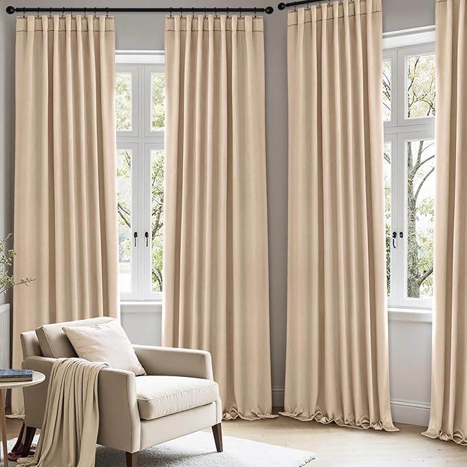 ANRODUO Back Tab Blackout Curtains for Bedroom Living Room, Rod Pocket Pinch Pleated Thermal Insulated Room Darkening Curtains 84 Inches Long 2 Panels, Beige, 42 x 84 Inch