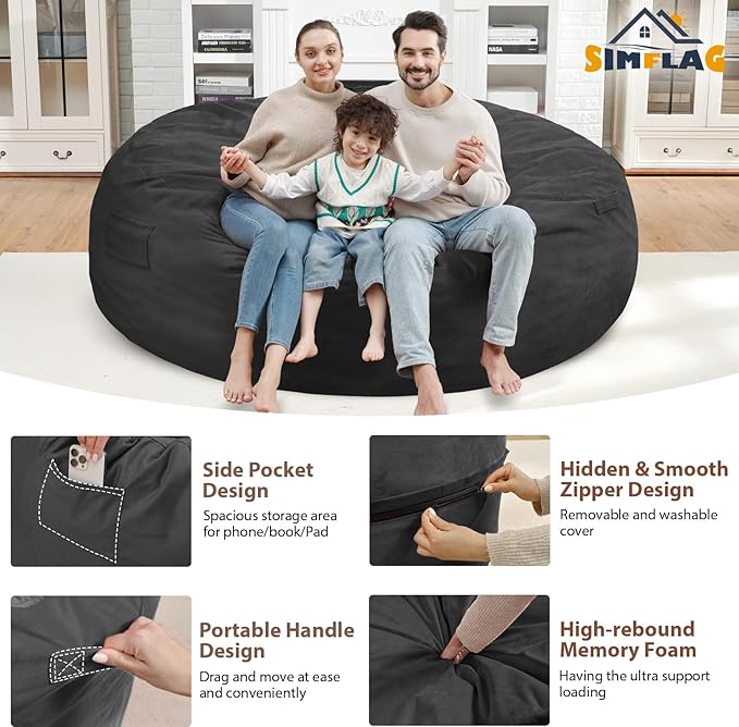 7FT Bean Bag Chair, Large Bean Bag Chairs with Memory Foam Filled, Fluffy Beanbag Sofa with Dutch Velvet Cover, Round BeanBag Chairs for Living Room, Playroom - Grey