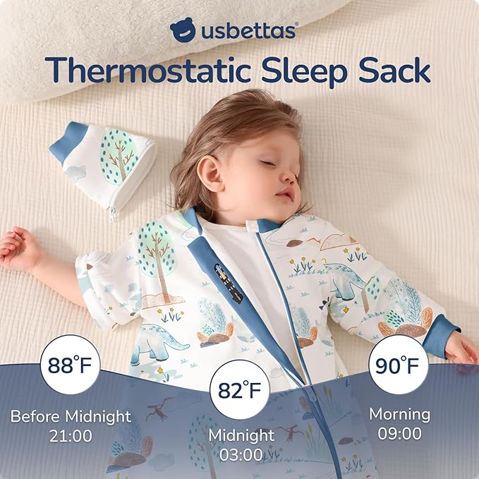 Baby Sleep Sack 18-24 Months, Cotton Detachable Long Sleeve Sleep Sack, 1.0 Tog Toddler Sleeping Sack with Temperature Strips, 2-Way Zipper Wearable Blankets for Newborns, Dinosaur