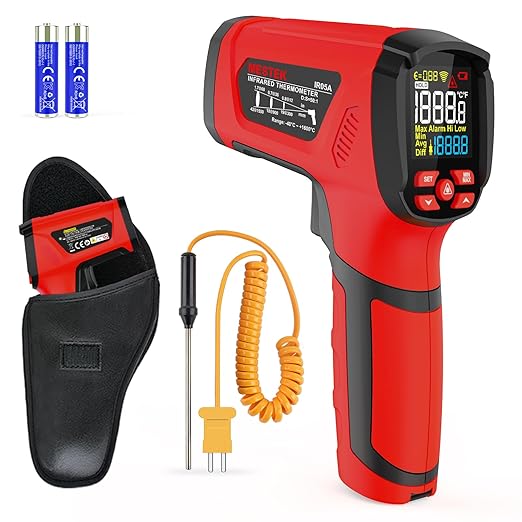 '-40℉~2912℉ MESTEK Infrared Thermometer Temperature Gun,50:1 Dual Laser High Temp Thermometer with Thermocouple Probe, Non-Contact Industrial Pyrometer for Engine, Kiln, Forging,Humidity Measurement