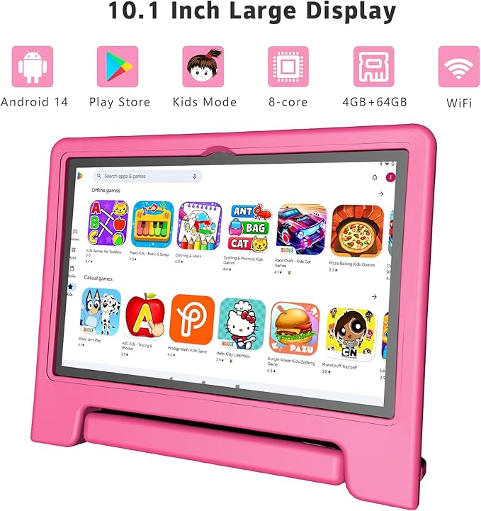 Kids Tablet, 10.1 Inch Tablet for Kids Android 14, 64GB Octa-Core, WiFi, Big Battery, Kids Space, Parental Control 1280 * 800 HD Display Children Tablets Pink