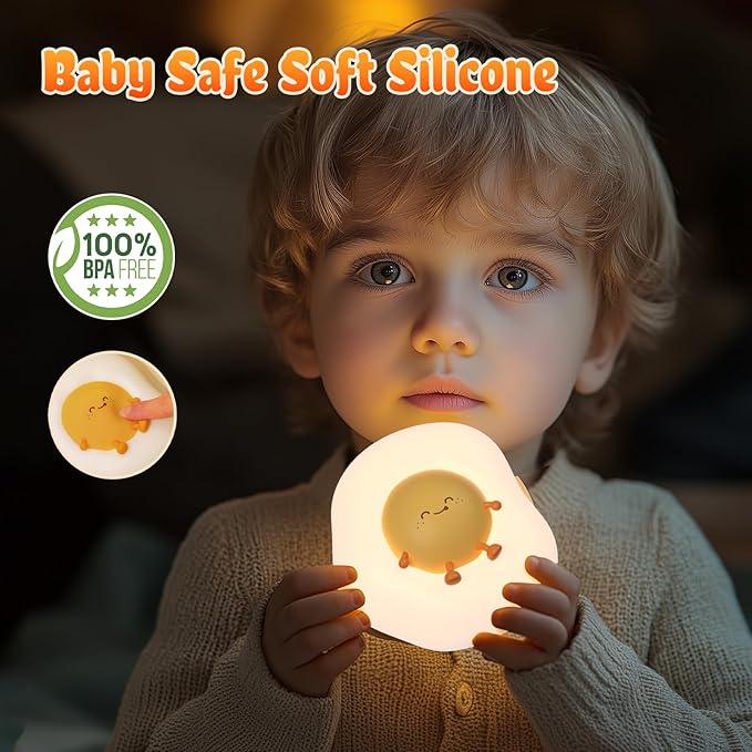 Fried Egg Night Light for Toddler, Kids, Baby, Nursery Warm Ambient Lamp for Snoothing, Sleeping Companion, Auto Off 30Min Timer, Rechargeable Battry Cordless, Soft Silicone Skin