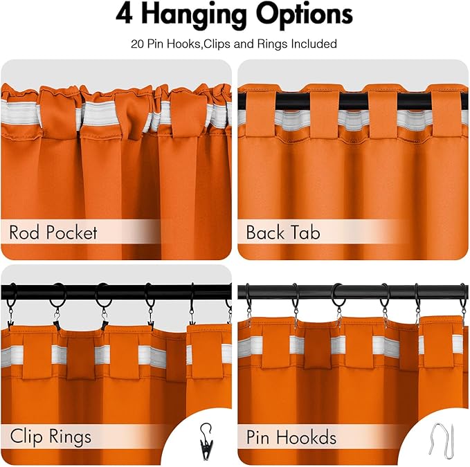 ANRODUO Back Tab Blackout Curtains for Bedroom Living Room, Rod Pocket Pinch Pleated Thermal Insulated Room Darkening Curtains 96 Inches Long 2 Panels, Orange, 42 x 96 Inch