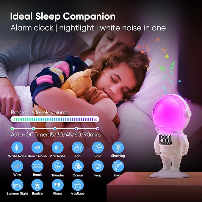 Astronaut Sunrise Alarm Clock for Kids, White Noise Sound Machine with 30 Soothing Sounds, 22 Dimmable Nightlights, Bluetooth Speaker, Dual Digital Alarm Clocks, Wake Up Light for Bedroom, Adults