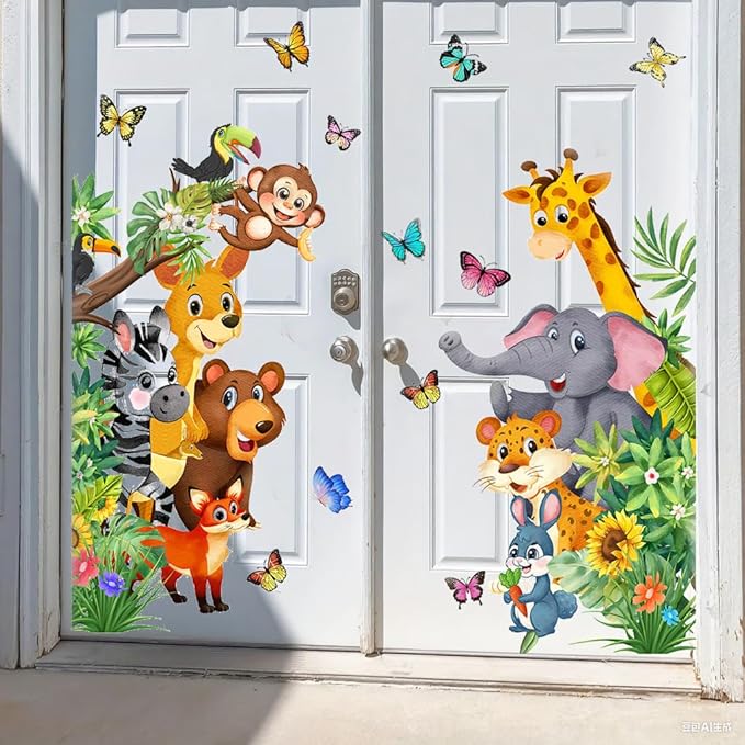 Jungle Animal Wall Decals, Cartoon Animal Sticker Safari Elephant Lion Monkey Wall Decals for Baby Room Playroom Bedroom Classroom Kindergarten Decor