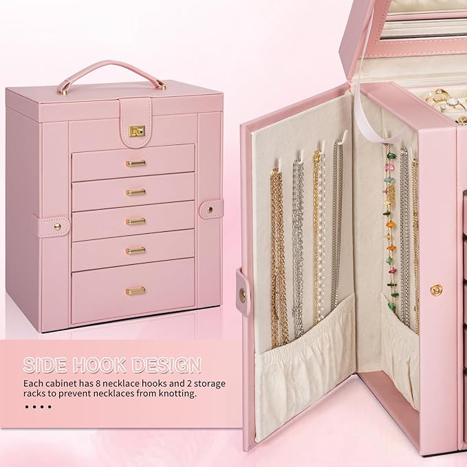 AKOZLIN 6-Tier Jewelry Box Organizer Functional Leather Jewelry Storage Case for Women Girls Ring Necklace Earring Bracelet Holder Organizer with Mirror