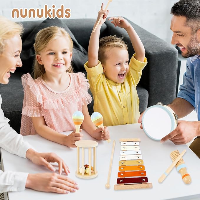 Baby Musical Instruments Neutral Colors Percussion Instruments Set Montessori Wooden Toys for Toddlers 1-3 with Xylophone for Kids Preschool Educational 3+ Wood Musical Toy 8pcs