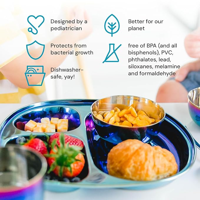 Ahimsa Stainless Steel Kids Plates - Divided Toddler Plates, Pediatrician Designed, Non Toxic Toddler Plate, BPA Free & Dishwasher Safe (Blue Single)