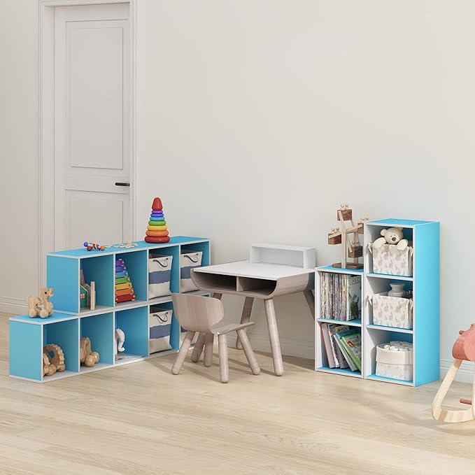 Furinno Luder Bookcase / Book / Storage, 4-Tier Cube, Light Blue/White