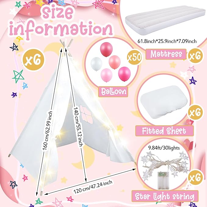 6 Pack Sleepovers Teepee Tent for Kids Bulk with Mattress Sheet Light,Natural Cotton Washable Indoor Play Tent for Birthday Slumber Party Girls Boys Pajama Movie Night Supplies(White)
