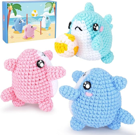 Crochet Kit for Beginners -3 PCS Sharks with a Ball Crochet Kit with Step-by-Step Video Tutorials, Beginner Crochet Kits for Adults Kids, Crochet Animal Kit, Shark Beach Party Crocheting Set