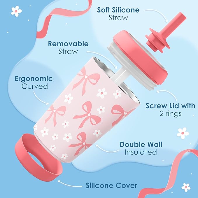 Kid Insulated Stainless Steel Tumbler with Silicone Straw, 12oz Sippy Cup for Kids (Pink Bows)