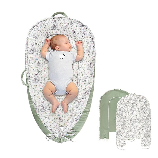 Baby Lounger Cover for Boys Girls, Reversible Baby Nest Cover, Adjustable Baby Lounger Replaceable Cover for Infant Newborn, Portable and Machine Washable, Cotton Green Rabbit Cover Only