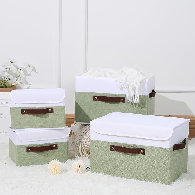 ANMINY 4PCS Storage Boxes with Lid Washable Decorative Storage Bins Basket with PU Leather Handle Foldable Linen Fabric Storage Cubes Containers for Home Closet Organizer - Green White, Large Size