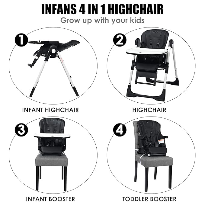 INFANS 4 in 1 High Chair–Booster Seat, Convertible Highchair w/Adjustable Height and Recline,Removable Tray,DetachableCushion, Installation-Free,Simple Fold for Baby, Infant& Toddler
