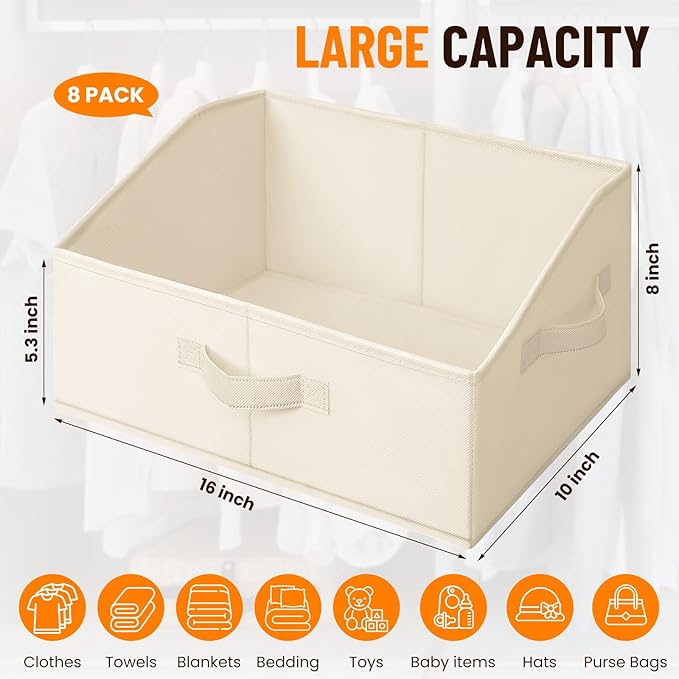 Criusia Closet Organizers Bins 8 Pack - Large Closet Shelf Organizer with Handles - Fabric Trapezoid Home Organization and Storage Baskets for Organizing Clothes Toy Blanket Towel Purse Hats