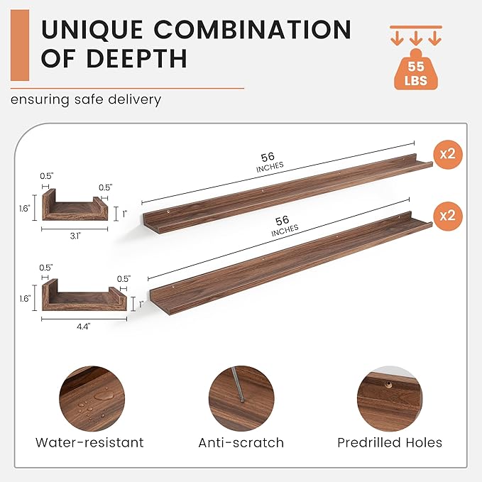 Floating Picture Ledge Shelves for Wall Set of 4, 56 Inch Wall Shelves with Lip Long Large Nursery Book Shelf for Toys Storage Kids Bookshelf Wall Mounted Living Room Bedroom Decor Frames