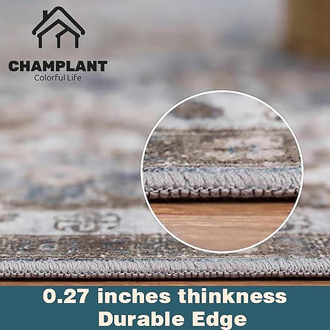 Area Rug 10x14 Washable Taupe Vintage Traditional Mat Distressed Indoor Foldable Thin Rug Retro Accent Floral Non Slip Carpet for Living Room Dining Room Office