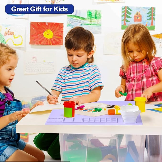 AWOKE Silicone Painting Mat - 20"X16" Silicone Art Mat with 1 Water Cup for Kids - Craft Mat has12 Color Dividers - 2 Paint Dividers (Purple)