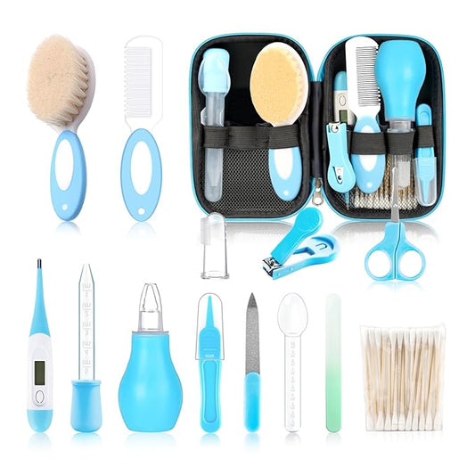 Baby Grooming Kit，Infant Safety Care Setwith Hair Brush Comb Nail Clipper Nasal Aspirator, Baby Essentials Kit for Newborn Girls Boys (14 PC-Blue Kit)