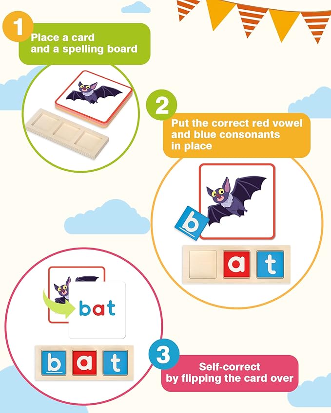 Gojmzo Wooden CVC Word Spelling Games, Preschool Kindergarten Learning Activities, Montessori Educational Toys Gifts for 3 4 5 6 Year Old Kids, Sight Words Flash Cards Reading Letters for Toddlers